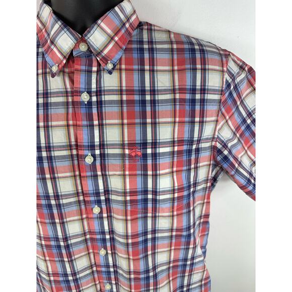 Brooks Brothers Plaid  Short Sleeve Button Up Chest Logo Size Medium Red White - Picture 7 of 9